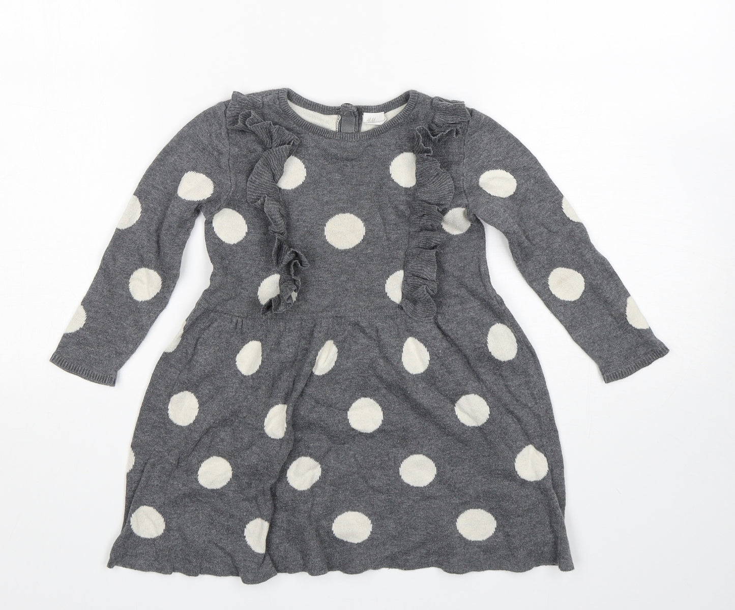 H&M Girls Grey Polka Dot Cotton Jumper Dress  Size 18-24 Months  Round Neck