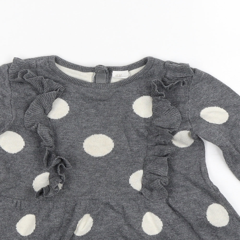 H&M Girls Grey Polka Dot Cotton Jumper Dress  Size 18-24 Months  Round Neck