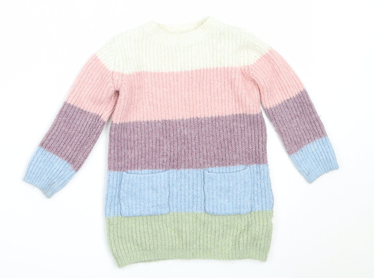 Primark Girls Multicoloured Round Neck Striped Acrylic Pullover Jumper Size 3-4 Years