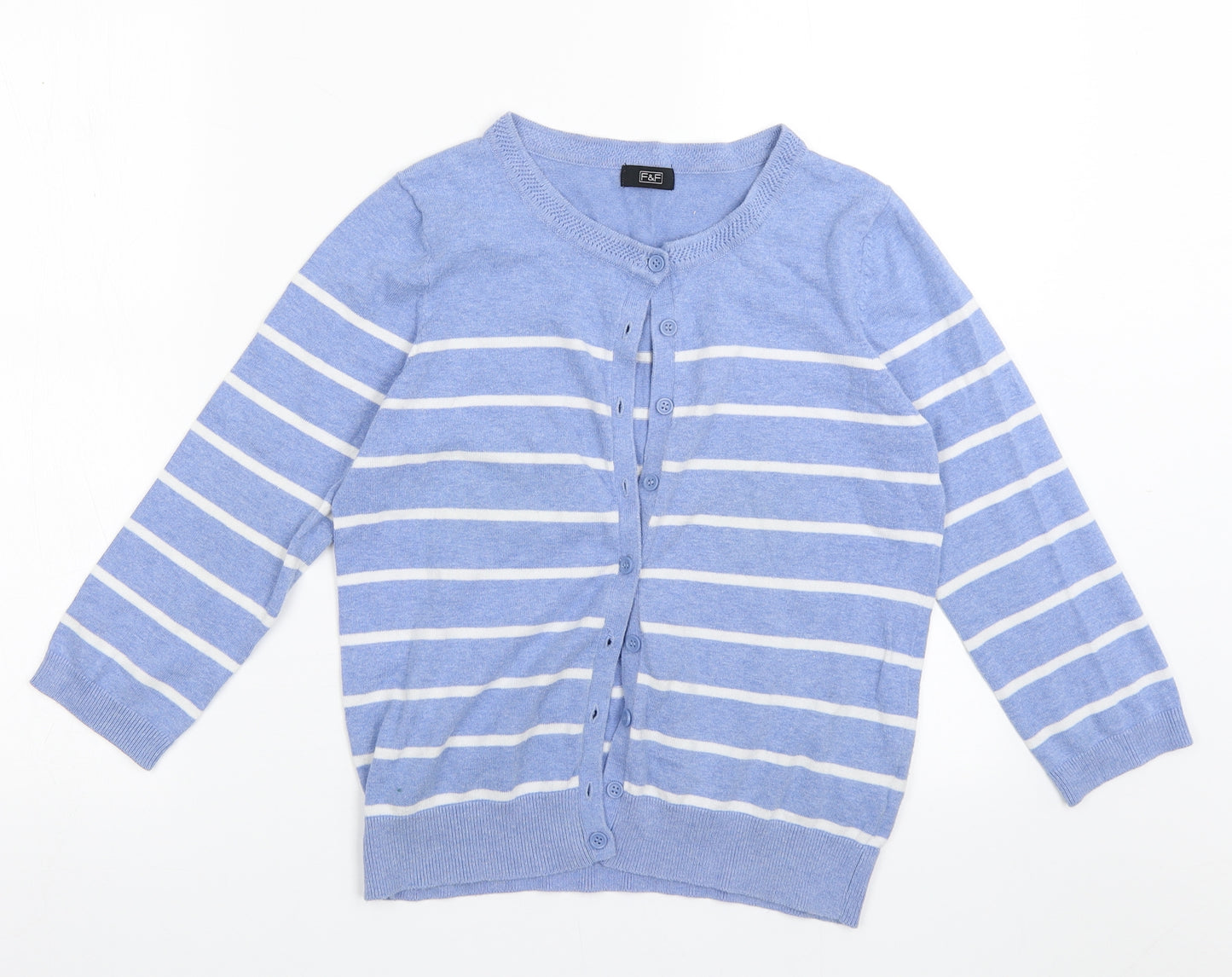 F&F Womens Blue Crew Neck Striped Cotton Cardigan Jumper Size 10