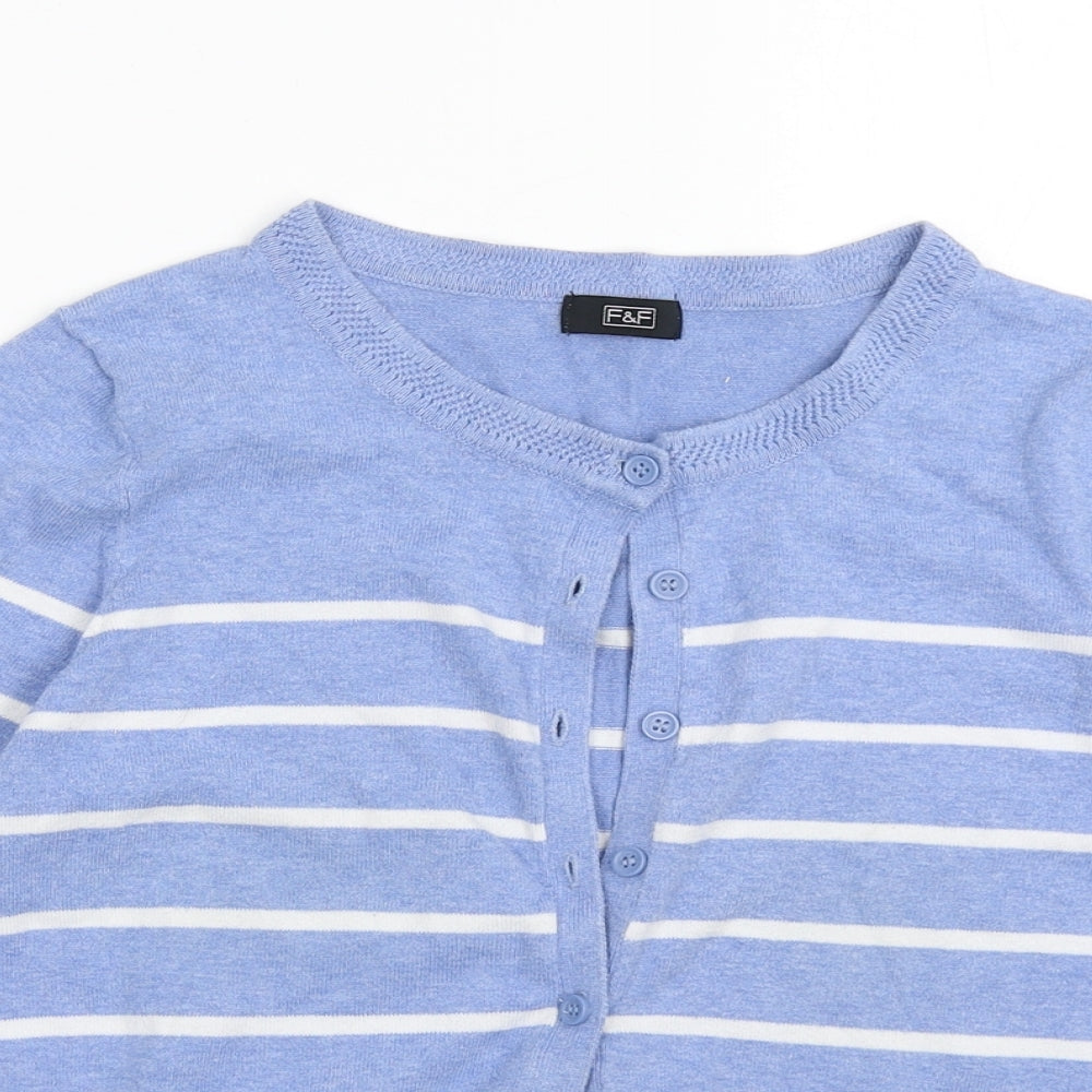 F&F Womens Blue Crew Neck Striped Cotton Cardigan Jumper Size 10