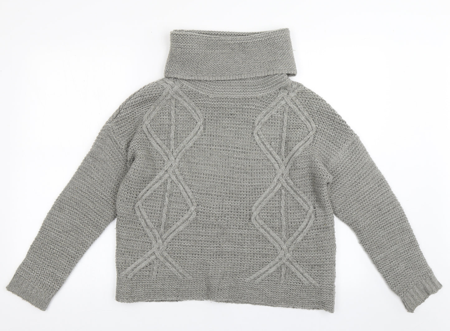 Stradivarius Womens Grey Roll Neck Argyle/Diamond Acrylic Pullover Jumper Size M