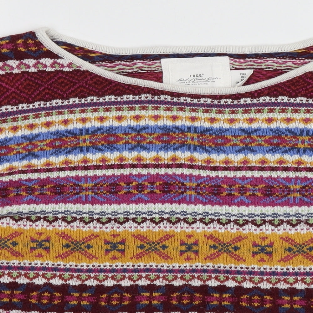 H&M Womens Purple Boat Neck Geometric Cotton Pullover Jumper Size L