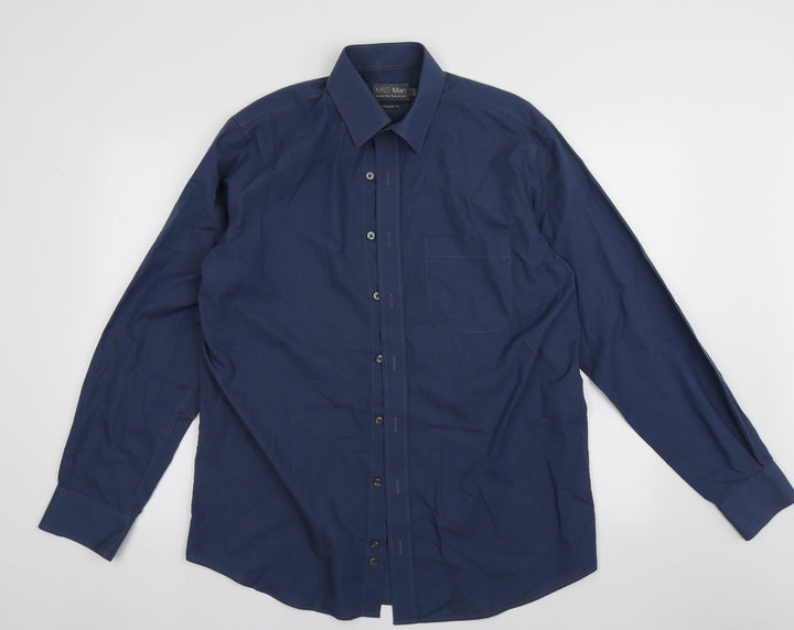 Marks and Spencer Mens Blue  Cotton  Button-Up Size 16 Collared Button