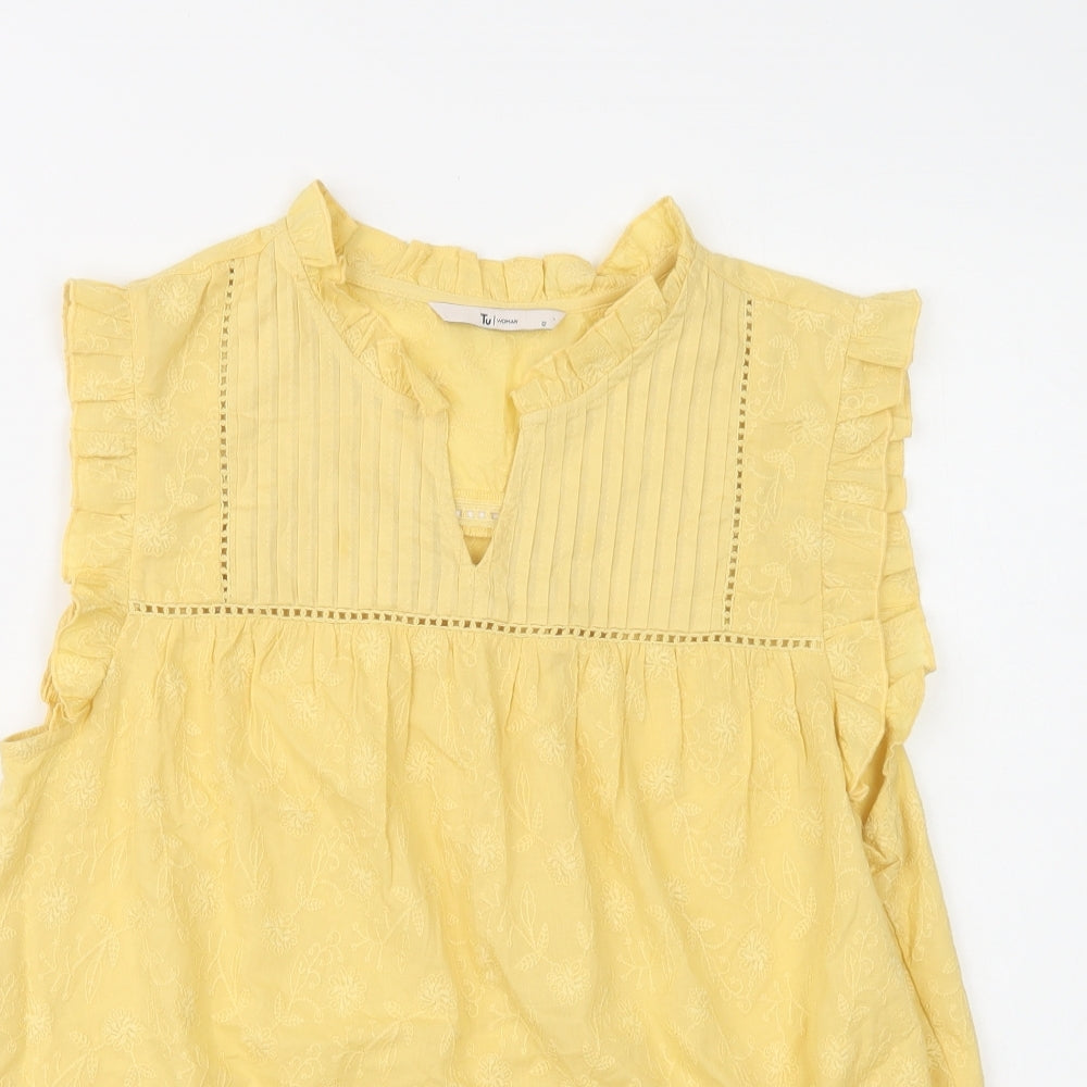 TU Womens Yellow Floral Cotton Basic Blouse Size 12 V-Neck