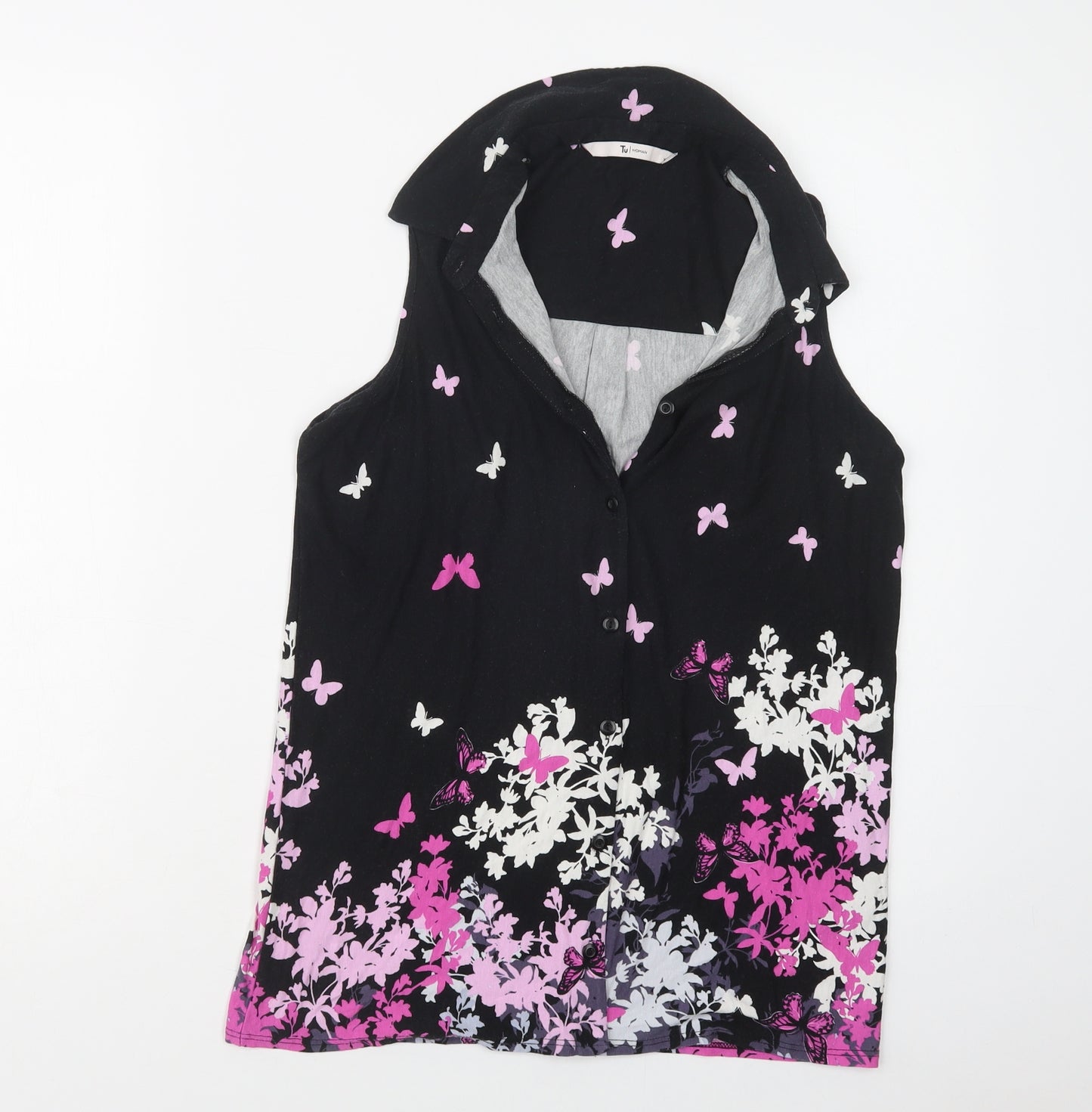 TU Womens Black  Viscose Basic Blouse Size 10 Collared - Butterfly Print