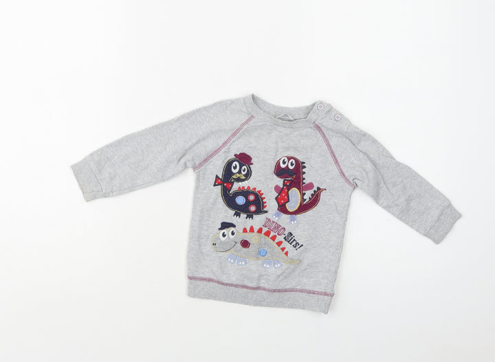 M & Co Baby Grey  Cotton Pullover Blouse Size 12-18 Months Crew Neck  - Dinosaurs