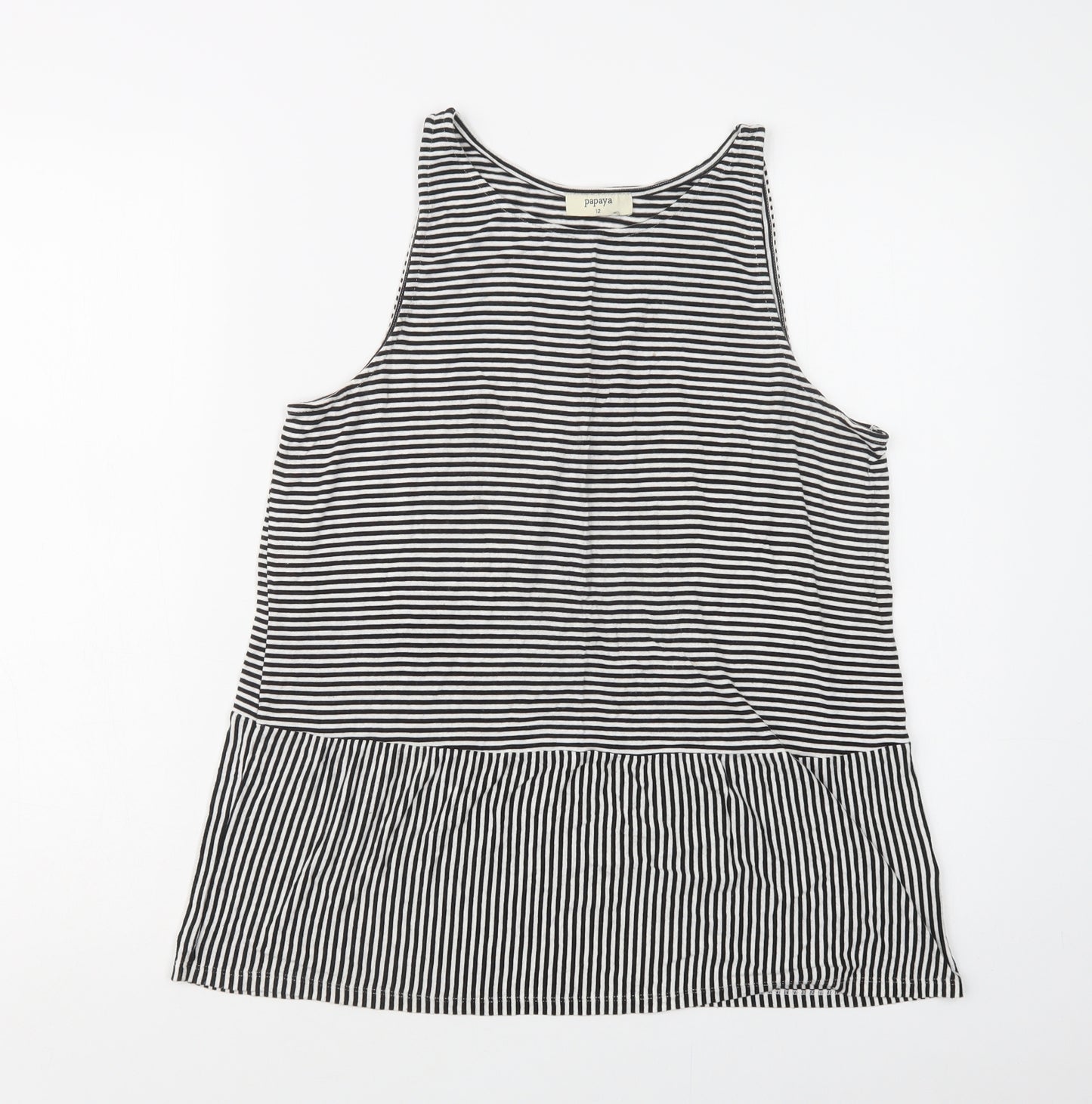 Papaya Womens Black Striped Viscose Basic Tank Size 12 Crew Neck