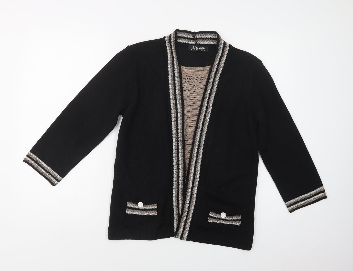 Alexara Womens Black Round Neck Striped Acrylic Cardigan Jumper Size M