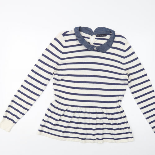 M&S Womens White Collared Striped Viscose Pullover Jumper Size 16