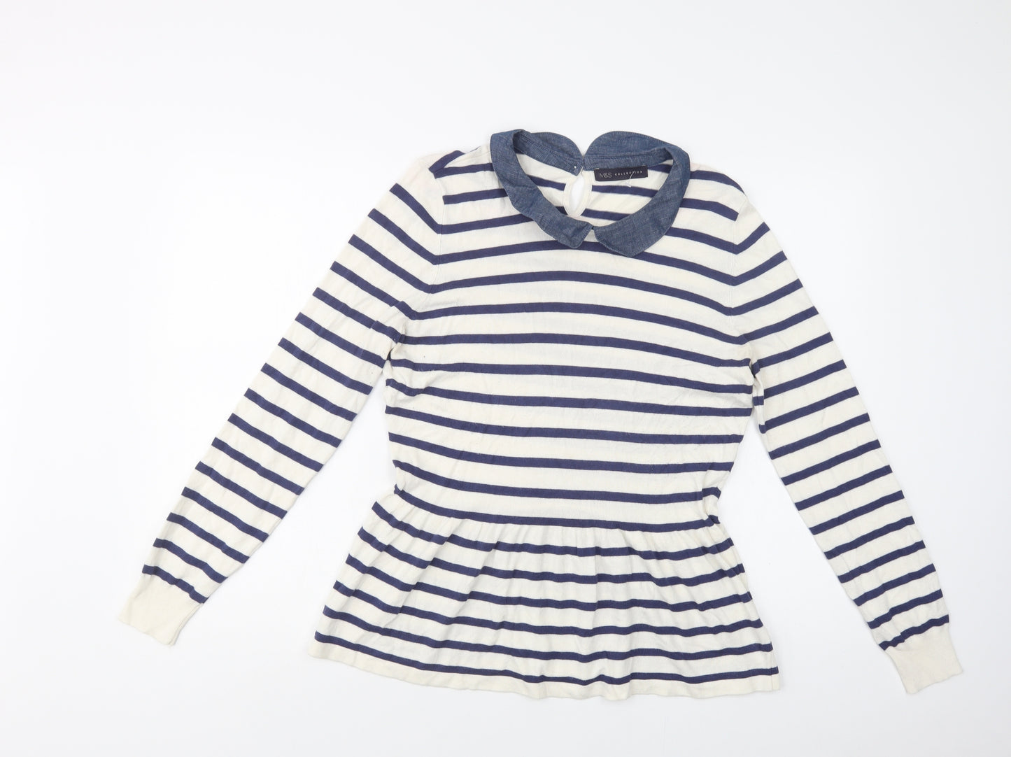 M&S Womens White Collared Striped Viscose Pullover Jumper Size 16