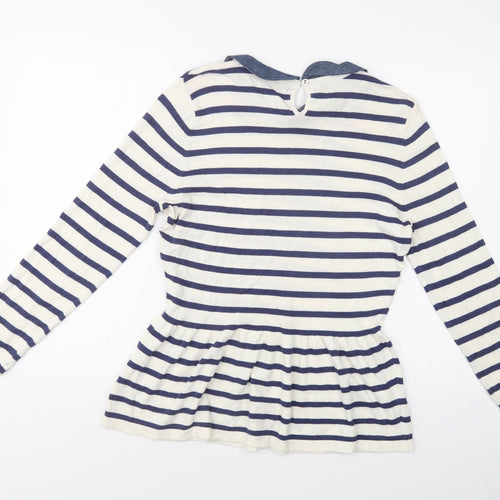 M&S Womens White Collared Striped Viscose Pullover Jumper Size 16