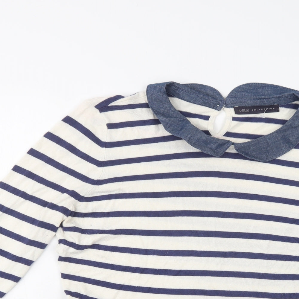 M&S Womens White Collared Striped Viscose Pullover Jumper Size 16