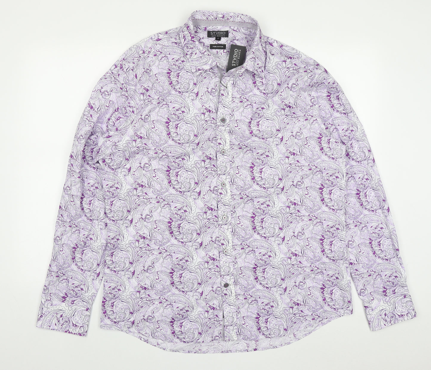 Jeff Banks Mens Purple Paisley Cotton  Button-Up Size 17 Collared Button