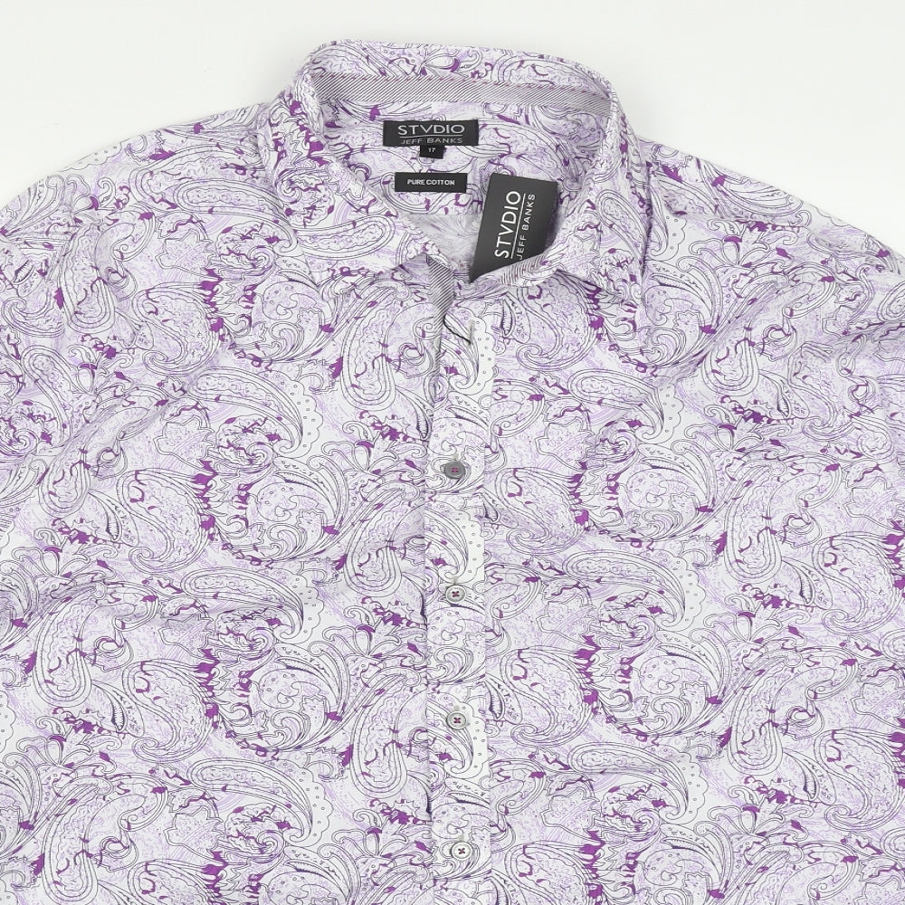 Jeff Banks Mens Purple Paisley Cotton  Button-Up Size 17 Collared Button