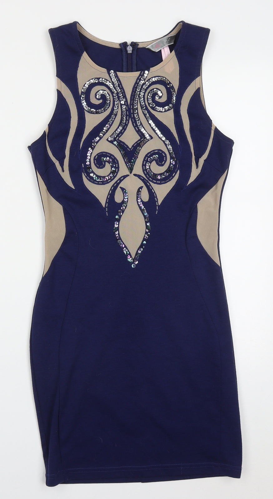 Lipsy Womens Blue  Polyester Pencil Dress  Size 10  Round Neck Zip - Beige
