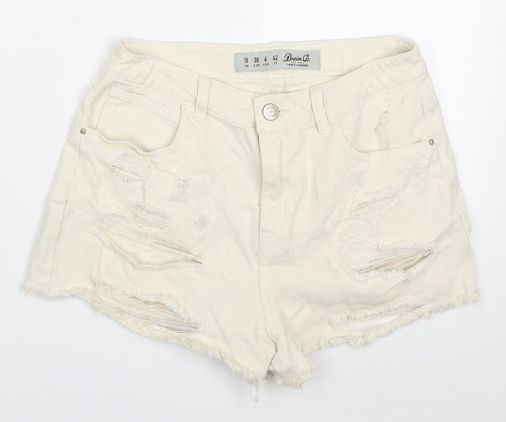 Denim Co Womens Beige Cotton Hot Pants Shorts Size 10 Regular Button - Distressed Look