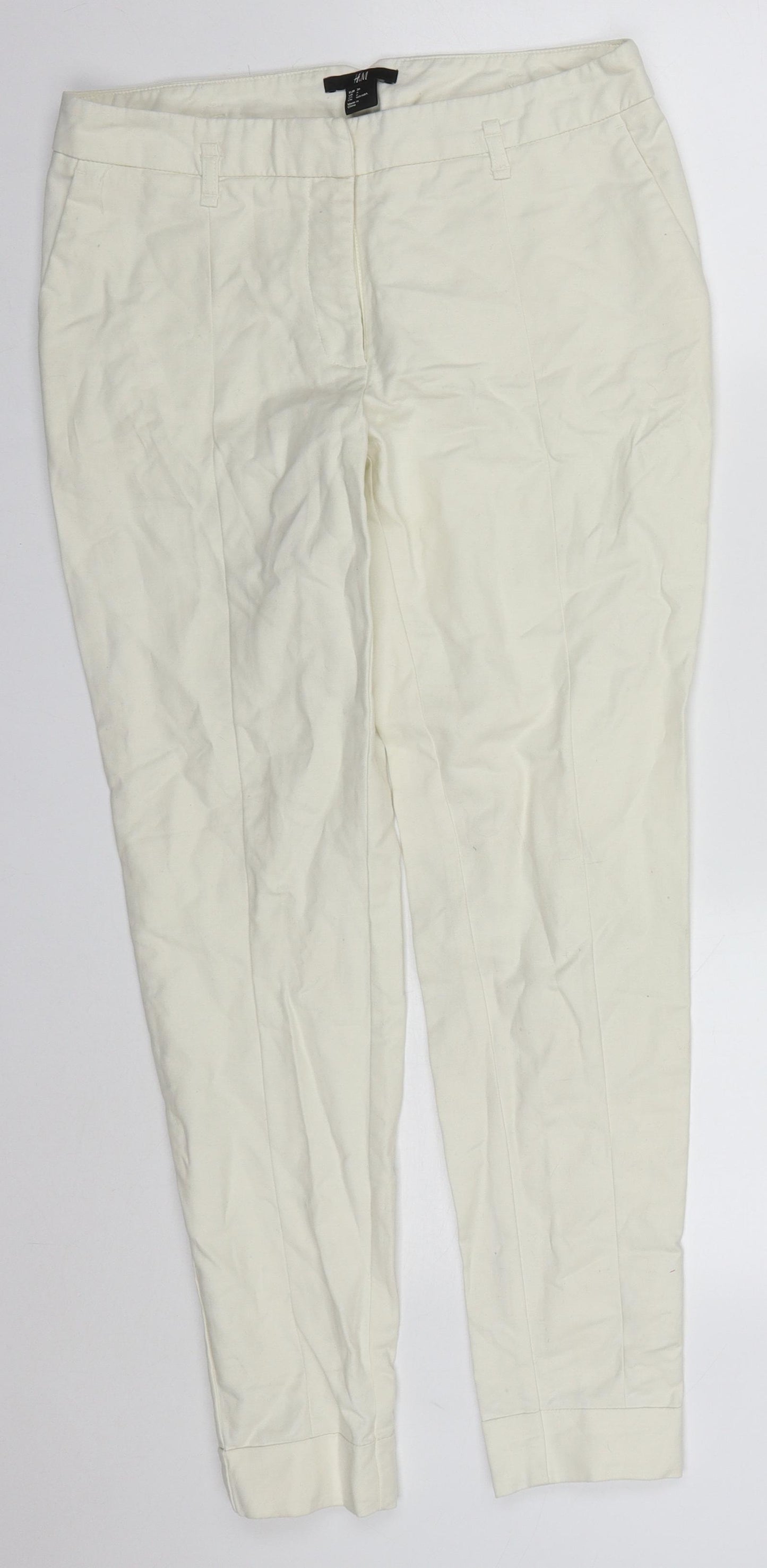 H&M Womens White  Cotton Trousers  Size 8 L28 in Regular Hook & Eye