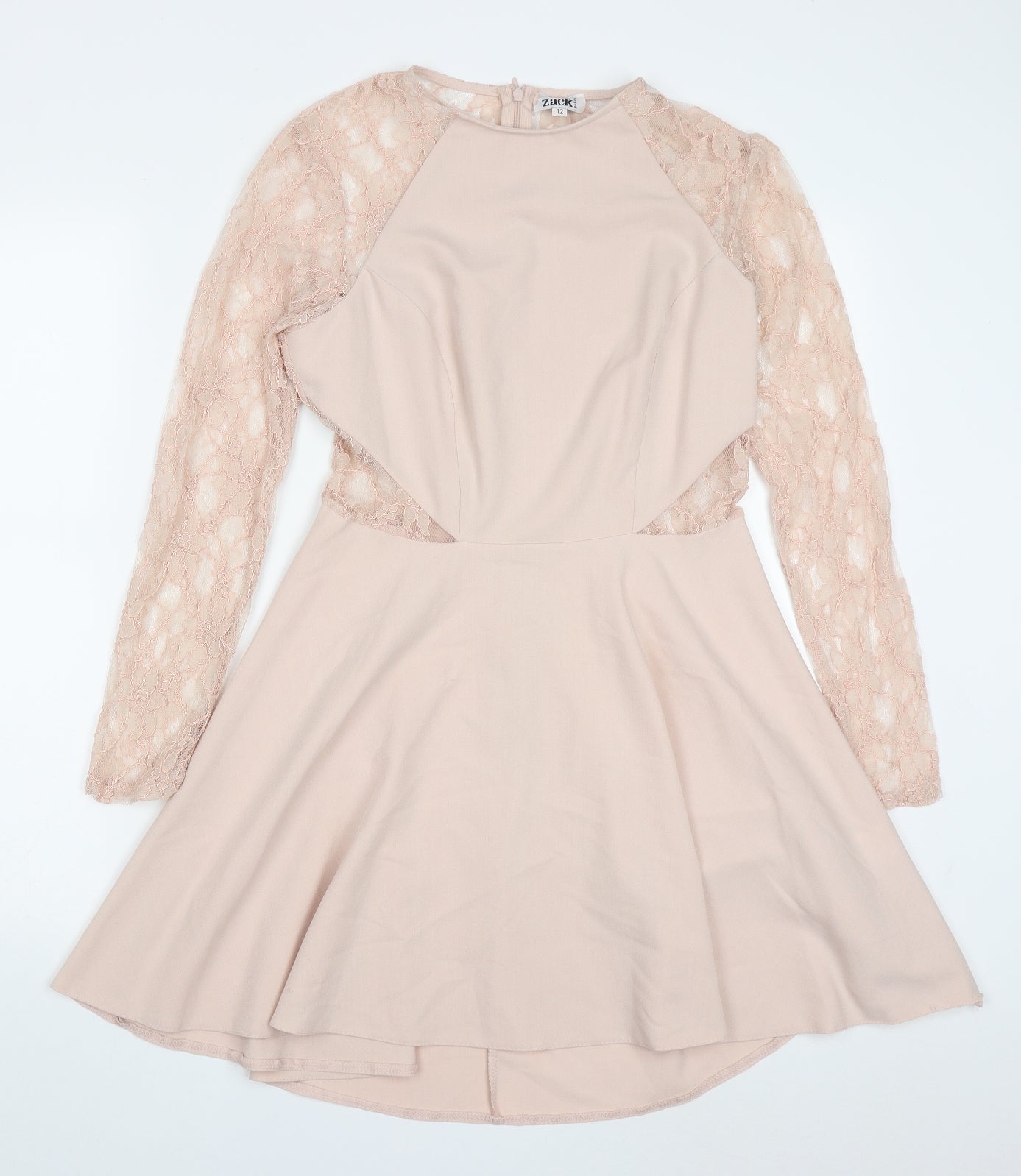 Zack Womens Pink  Polyester Skater Dress  Size 12  Round Neck Zip
