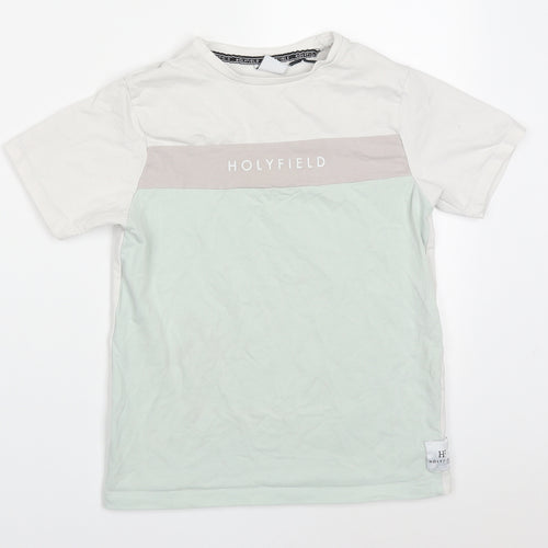 Holyfield Boys Green Colourblock Cotton Basic T-Shirt Size 10-11 Years Crew Neck Pullover
