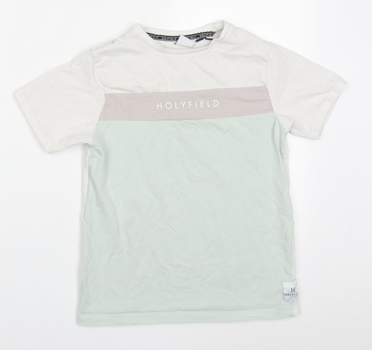 Holyfield Boys Green Colourblock Cotton Basic T-Shirt Size 10-11 Years Crew Neck Pullover