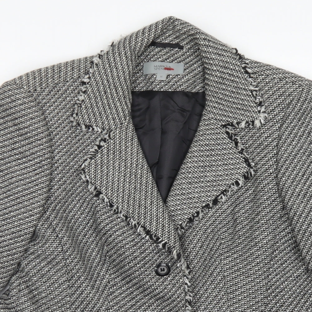 Marks & Spencer Womens Grey Herringbone Wool Jacket Blazer Size 14