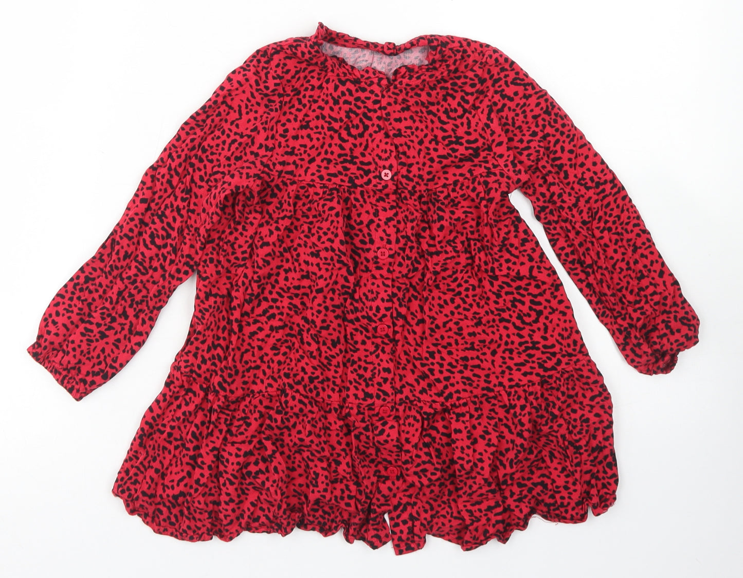 Dunnes Stored Girls Red Animal Print Viscose Basic Blouse Size 3-4 Years Round Neck Button