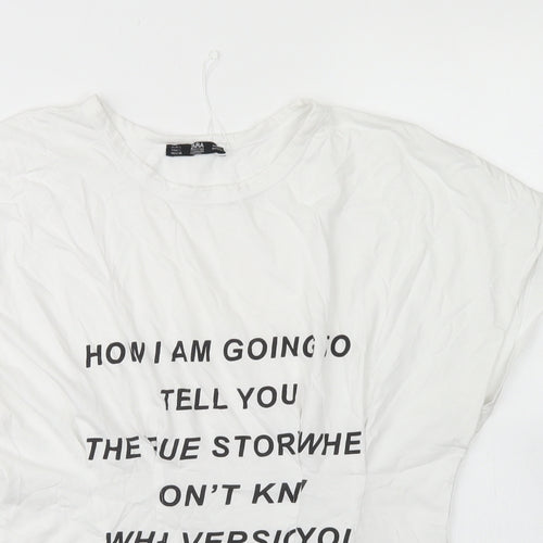 Zara Womens White  Cotton Basic T-Shirt Size L Crew Neck - Cinched Waist