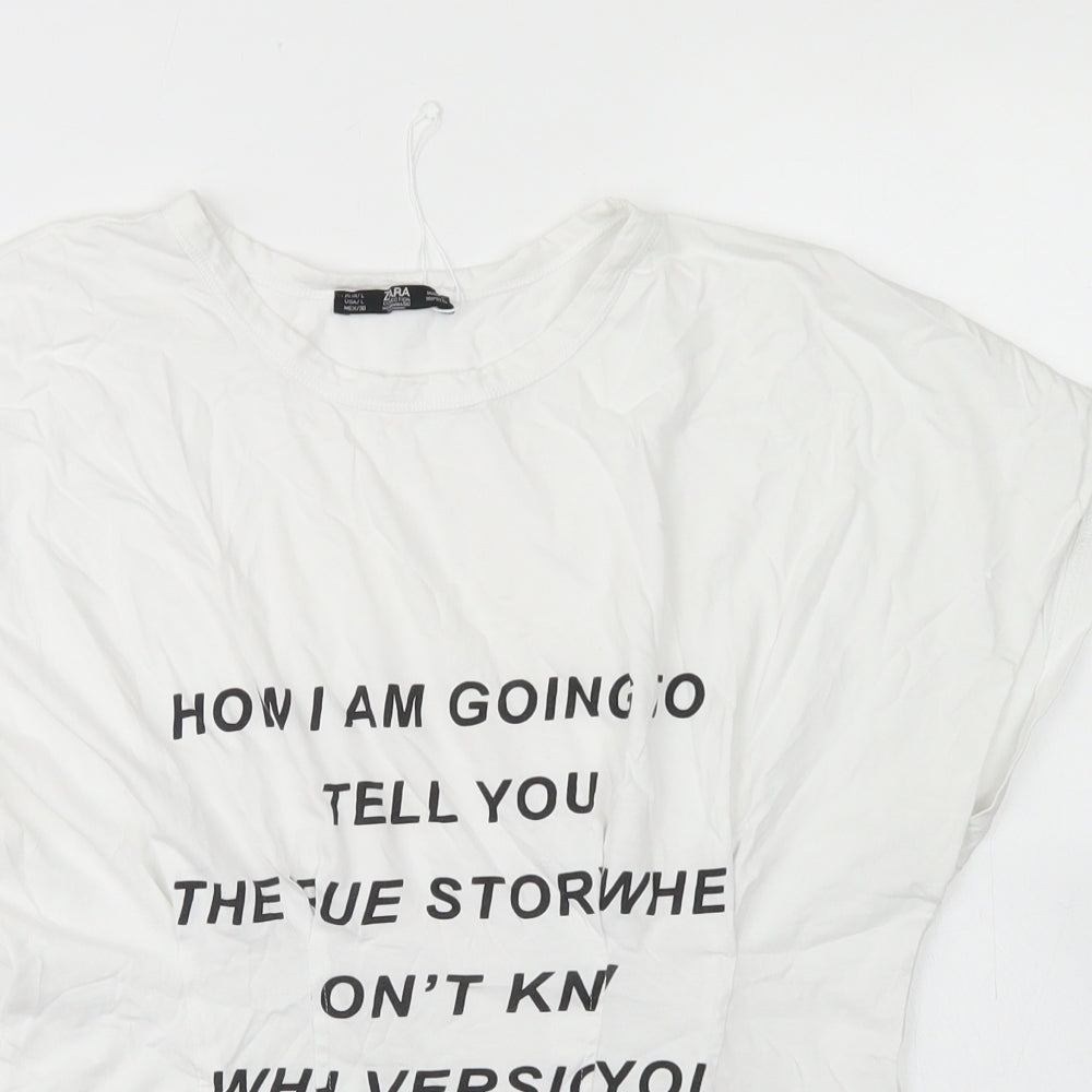 Zara Womens White  Cotton Basic T-Shirt Size L Crew Neck - Cinched Waist