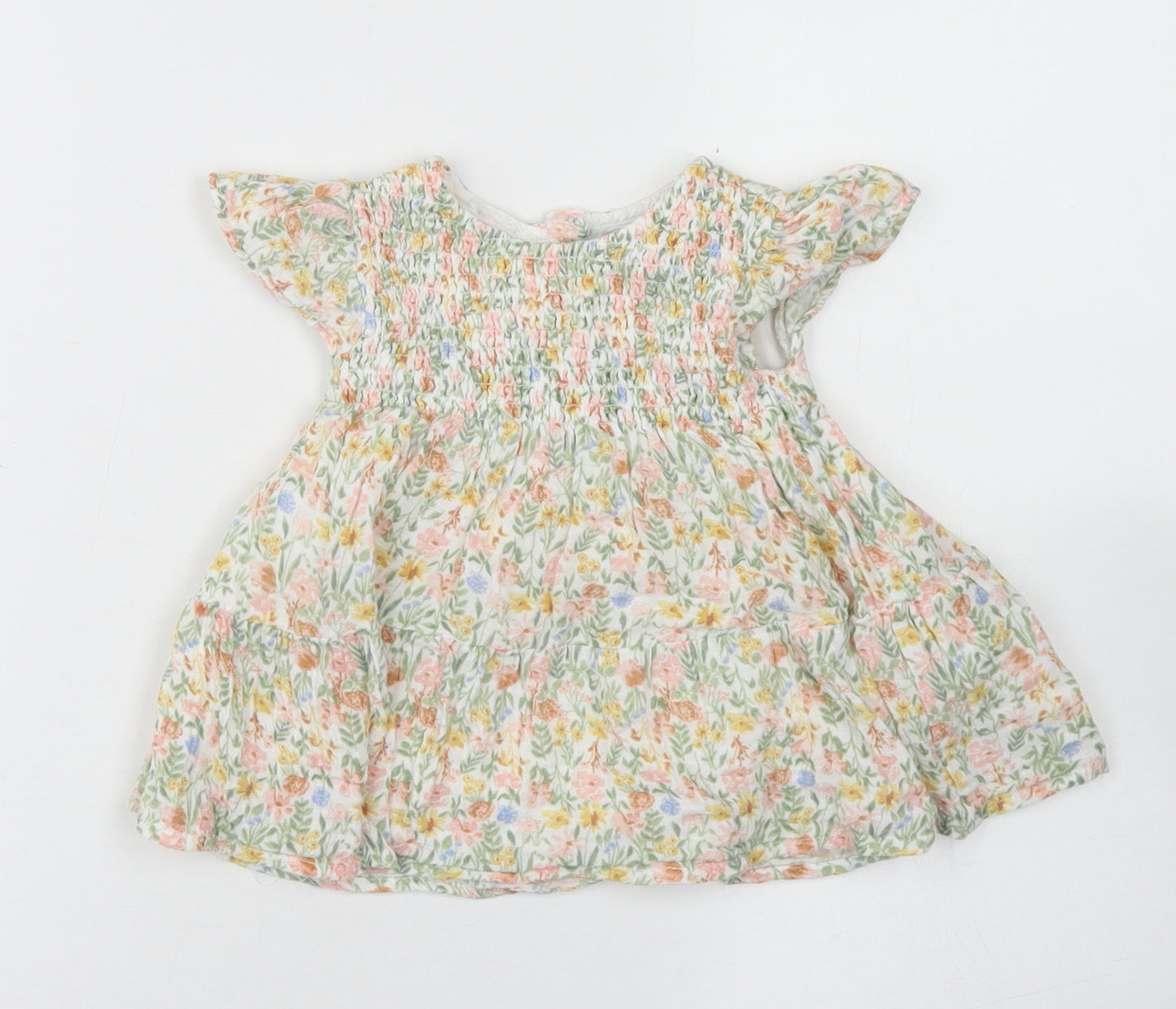 Primark Girls Green Floral Cotton Skater Dress  Size 6-9 Months  Crew Neck Button