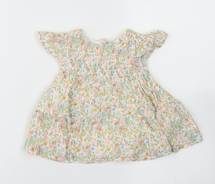 Primark Girls Green Floral Cotton Skater Dress  Size 6-9 Months  Crew Neck Button