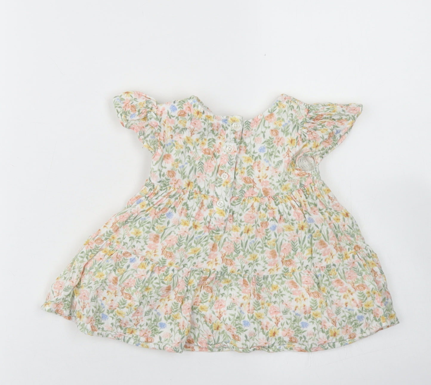 Primark Girls Green Floral Cotton Skater Dress  Size 6-9 Months  Crew Neck Button