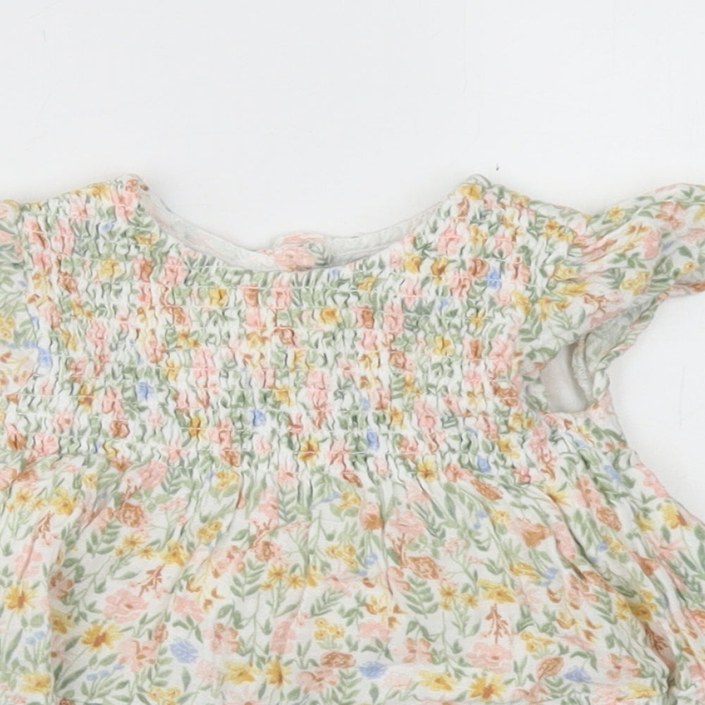 Primark Girls Green Floral Cotton Skater Dress  Size 6-9 Months  Crew Neck Button