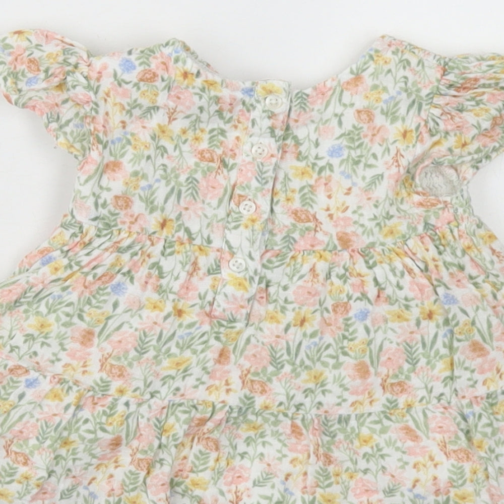 Primark Girls Green Floral Cotton Skater Dress  Size 6-9 Months  Crew Neck Button