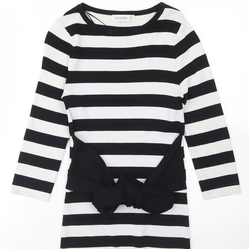 Gallery Womens White Crew Neck Striped Viscose Pullover Jumper Size S   - Tie Front
