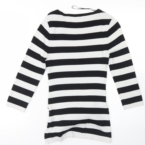 Gallery Womens White Crew Neck Striped Viscose Pullover Jumper Size S   - Tie Front