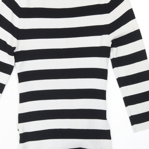 Gallery Womens White Crew Neck Striped Viscose Pullover Jumper Size S   - Tie Front