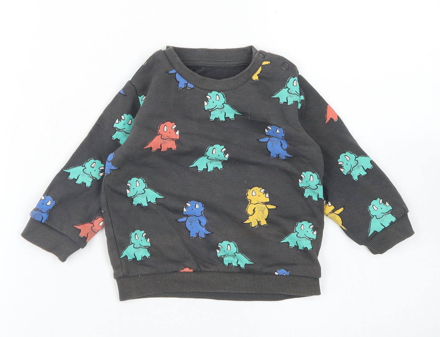 M&S Boys Grey Spotted Cotton Pullover T-Shirt Size 6-9 Months Crew Neck Snap - Dinosaurs