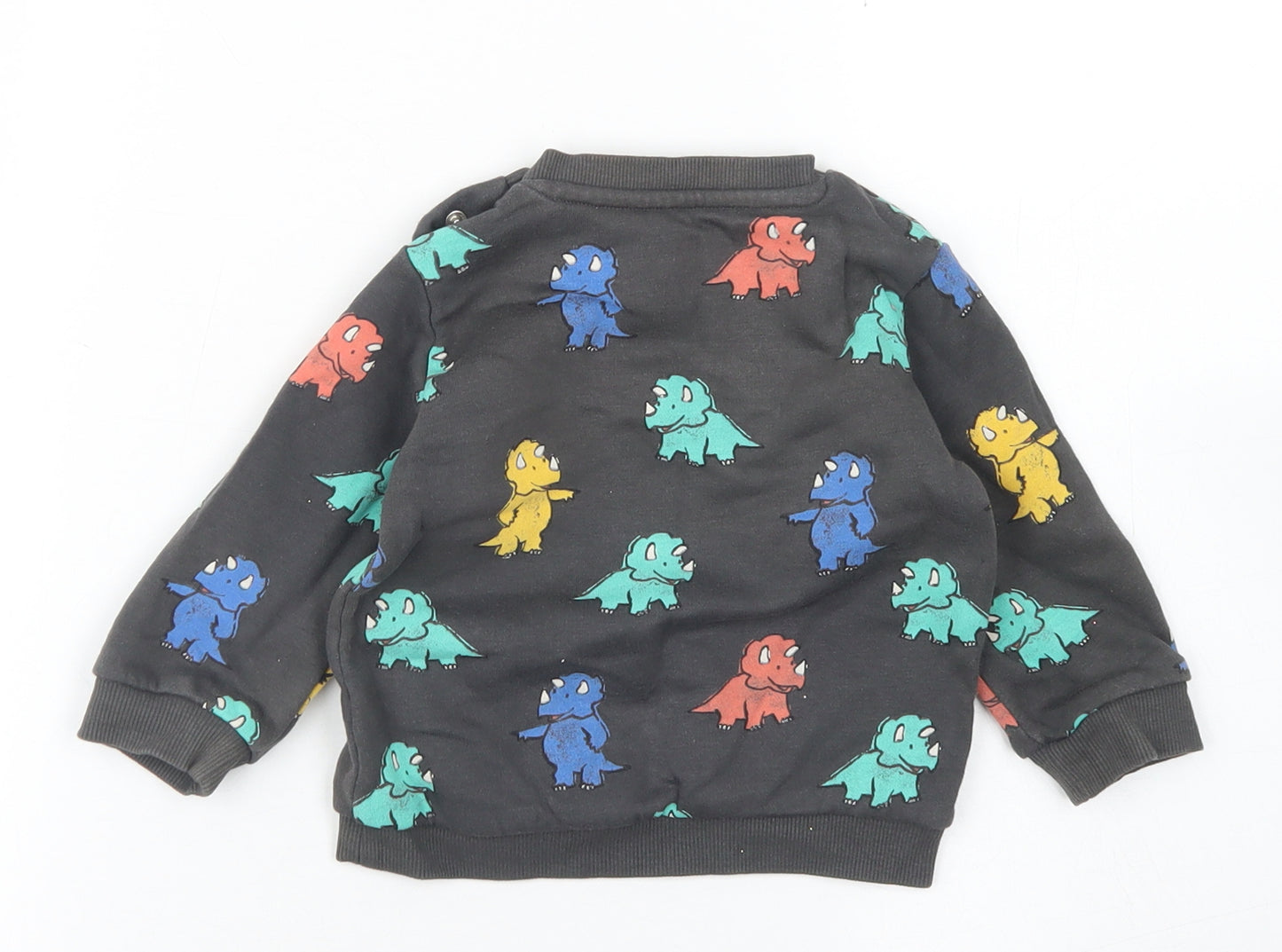 M&S Boys Grey Spotted Cotton Pullover T-Shirt Size 6-9 Months Crew Neck Snap - Dinosaurs