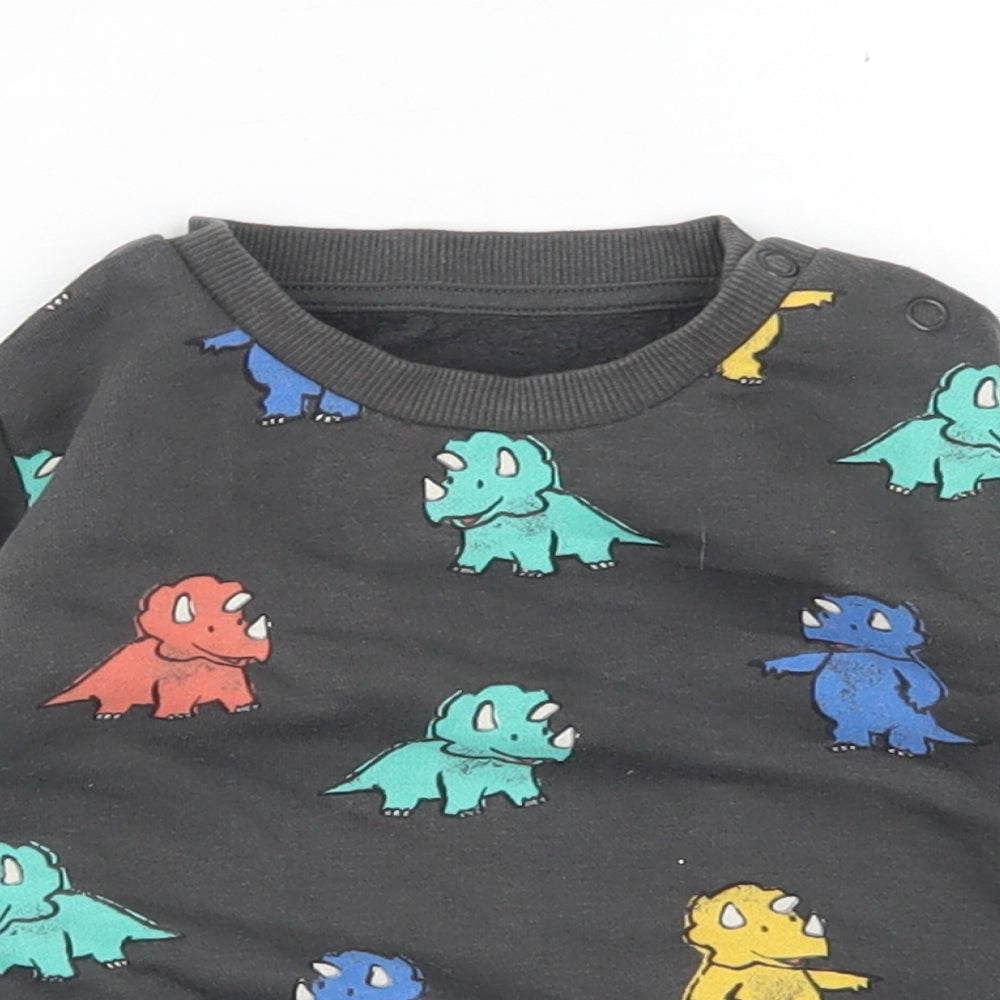 M&S Boys Grey Spotted Cotton Pullover T-Shirt Size 6-9 Months Crew Neck Snap - Dinosaurs