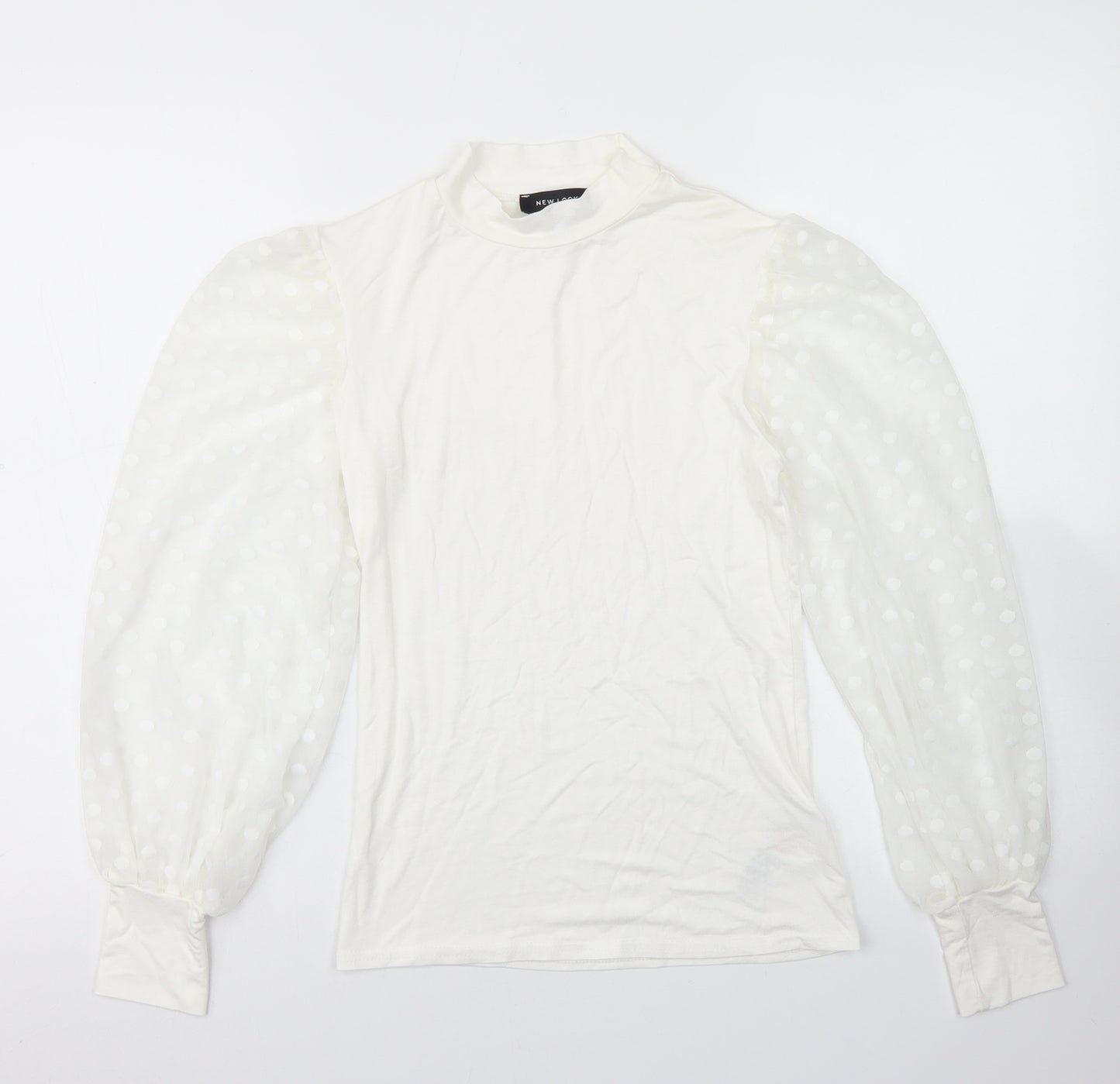 New Look Womens White  Viscose Basic T-Shirt Size 10 Mock Neck - Mesh Puff sleeve