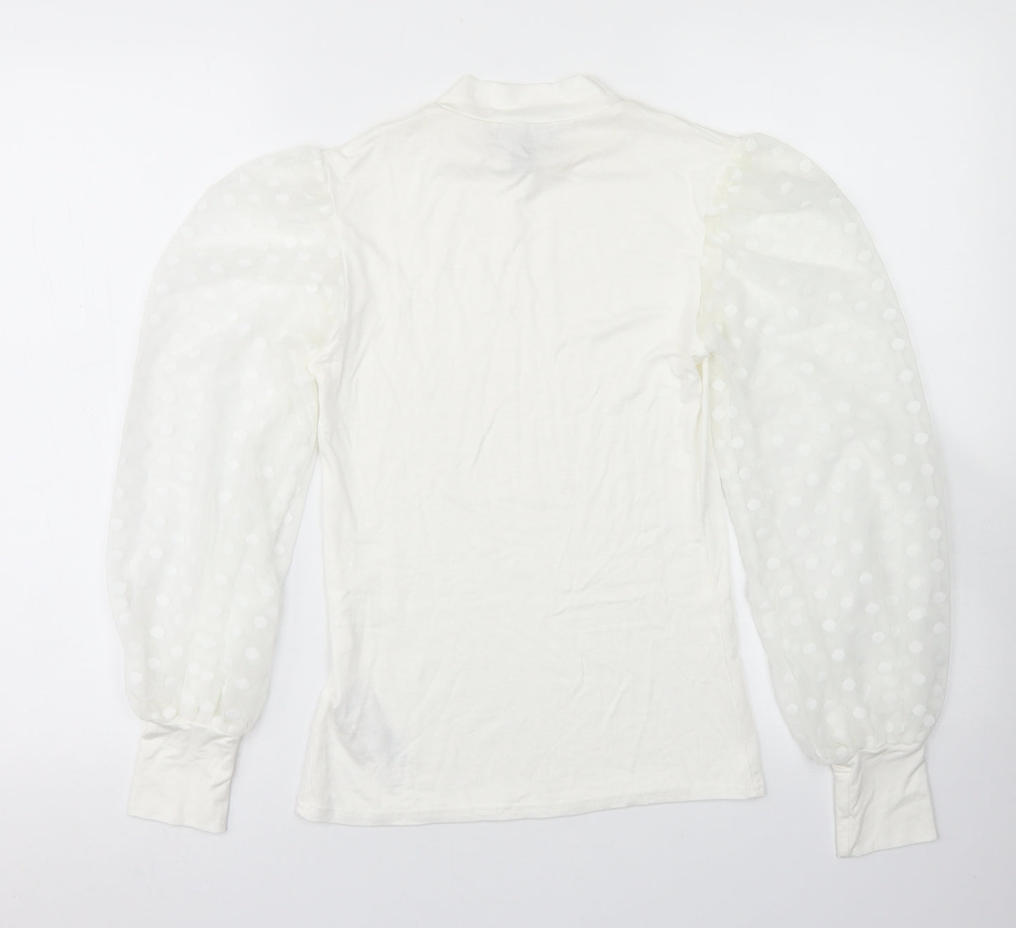 New Look Womens White  Viscose Basic T-Shirt Size 10 Mock Neck - Mesh Puff sleeve