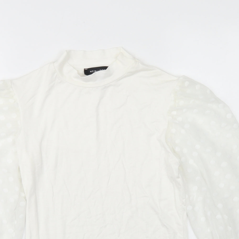 New Look Womens White  Viscose Basic T-Shirt Size 10 Mock Neck - Mesh Puff sleeve