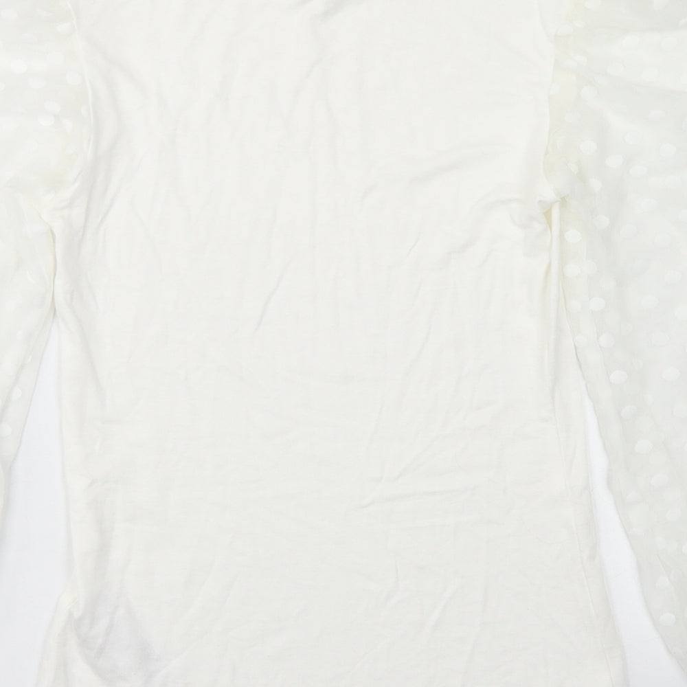 New Look Womens White  Viscose Basic T-Shirt Size 10 Mock Neck - Mesh Puff sleeve