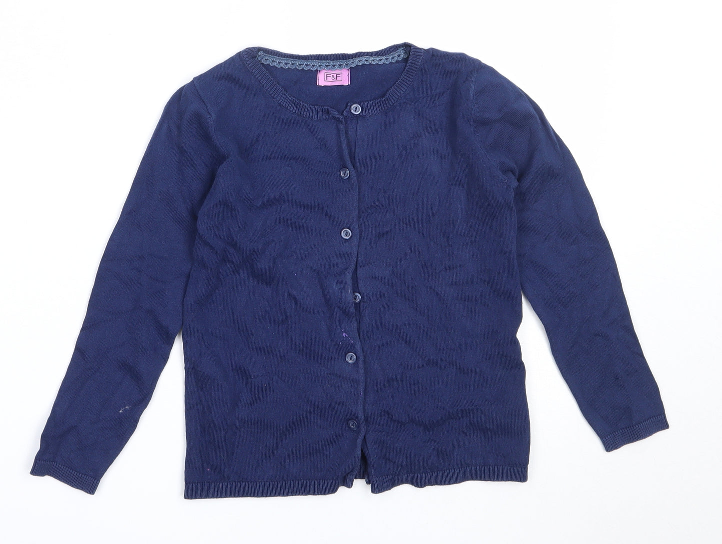 F&F Girls Blue Round Neck  Cotton Cardigan Jumper Size 5-6 Years