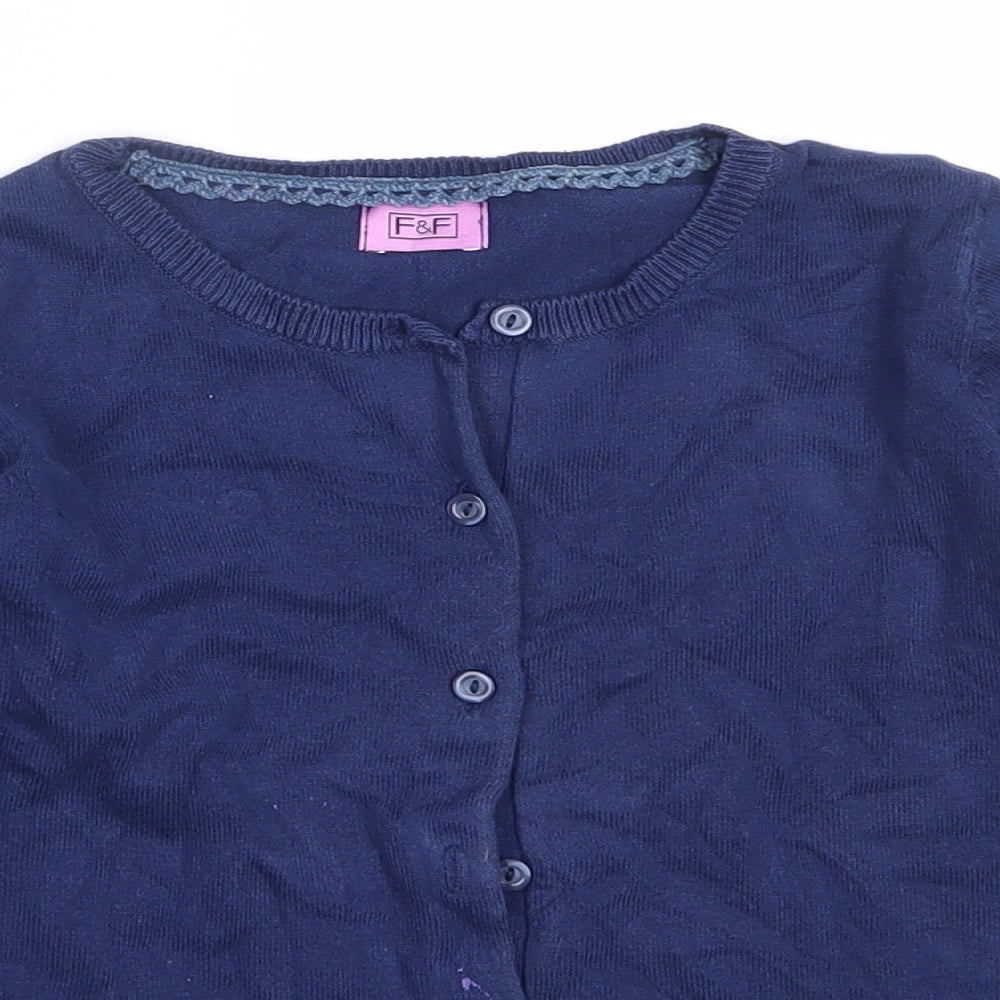 F&F Girls Blue Round Neck  Cotton Cardigan Jumper Size 5-6 Years