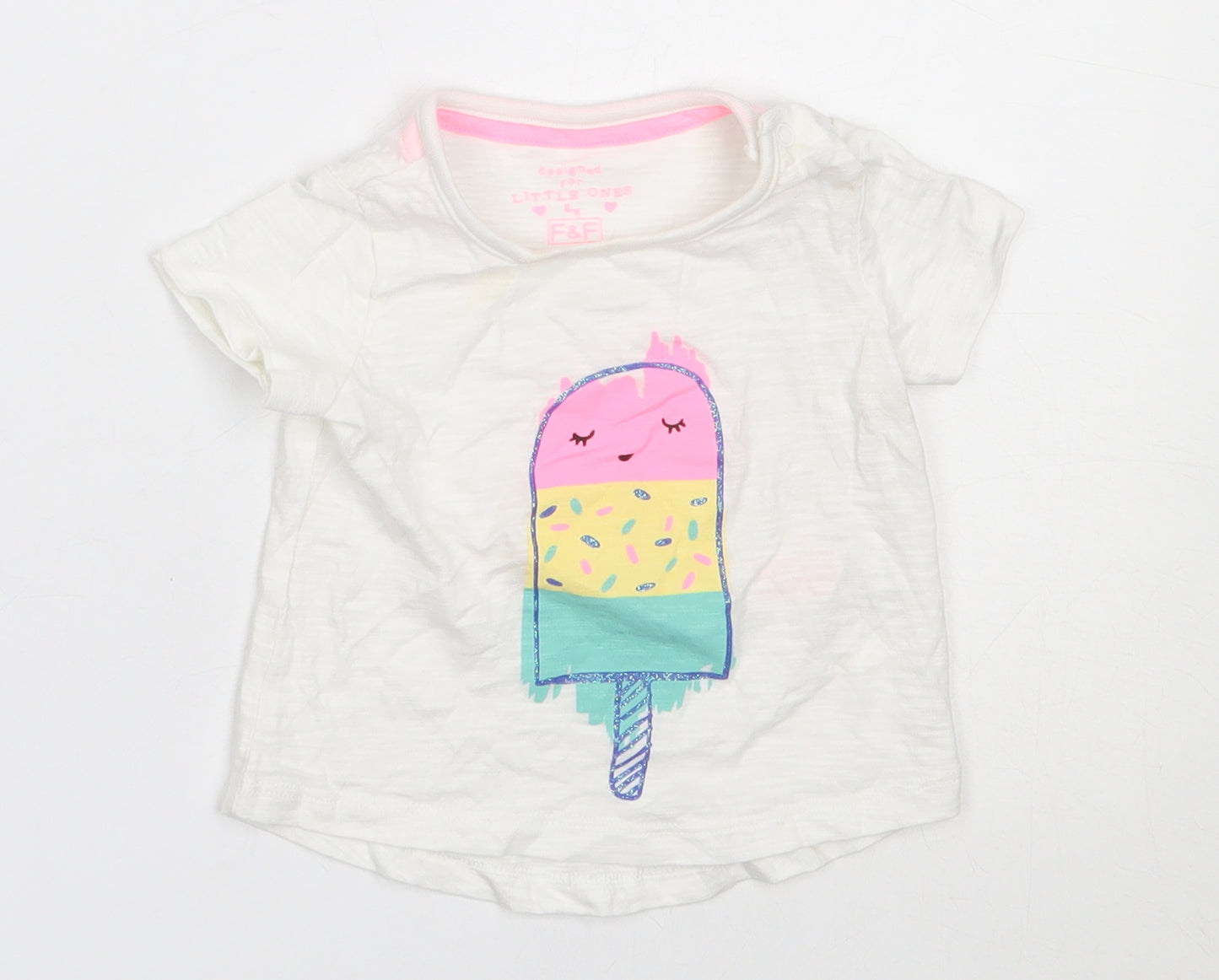 F&F Girls White  Cotton Basic T-Shirt Size 3-6 Months Round Neck