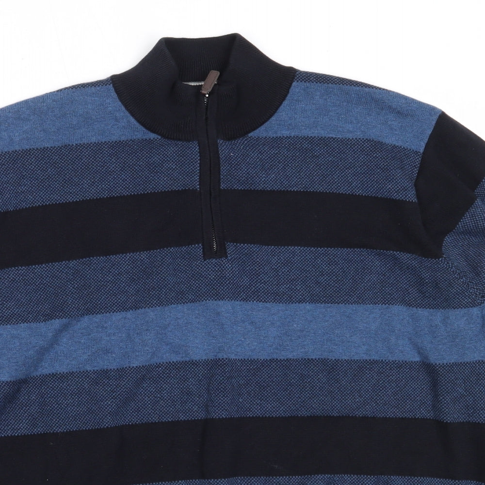Marks and Spencer Mens Blue High Neck Striped Cotton Henley Jumper Size M