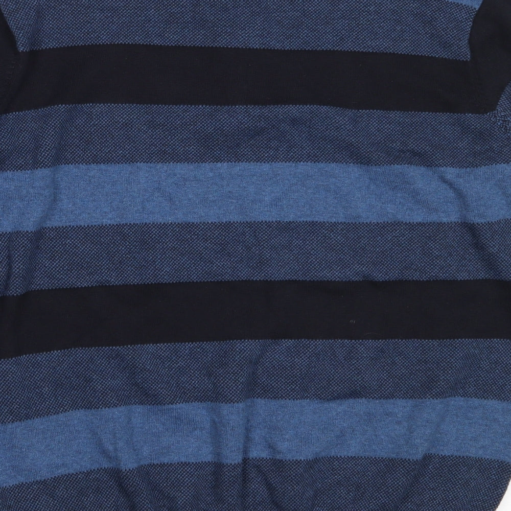 Marks and Spencer Mens Blue High Neck Striped Cotton Henley Jumper Size M