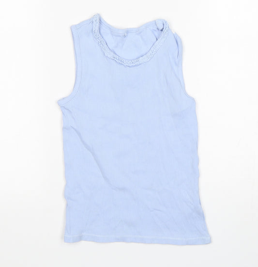 Front view of George girls’ blue cotton basic tank, size 9-10, years round neck
